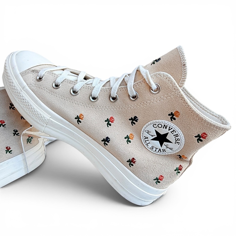 Converse Chuck Taylor All Star Lift Hi Platform Suede Floral Rose Sneakers Beige